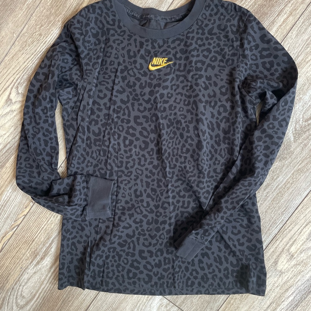 Nike Black Leopard-Print Long Sleeve Tee with Yellow Swoosh